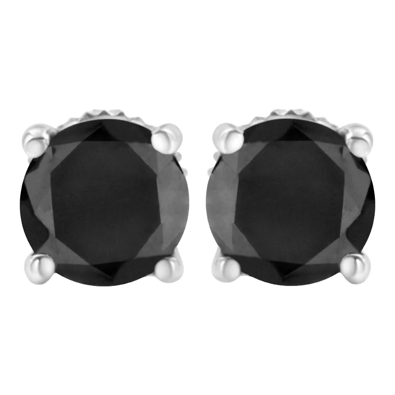 .925 Sterling Silver Round Brilliant-Cut Black Diamond Classic 4-Prong Stud Earrings with Screw Backs