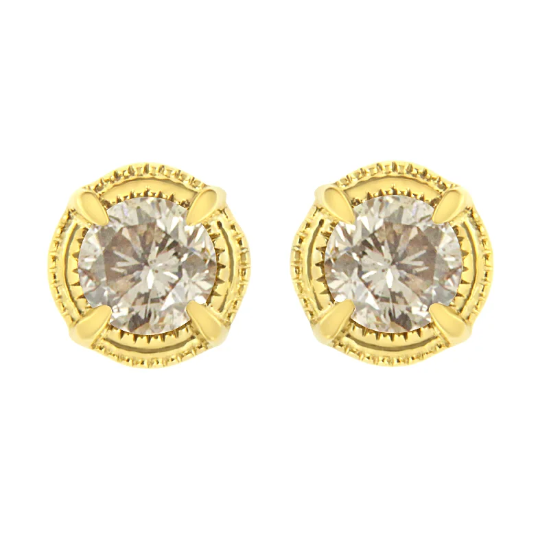 .925 Sterling Silver Round Brilliant Cut Diamond Solitaire Milgrain Stud Earrings