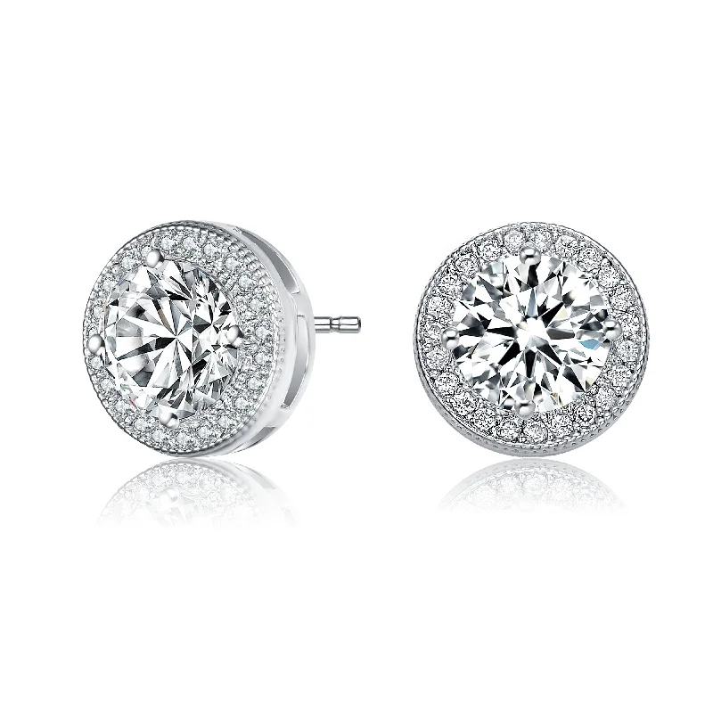 GENEVIVE Sterling Silver Cubic Zirconia Solitaire Halo Stud Earrings