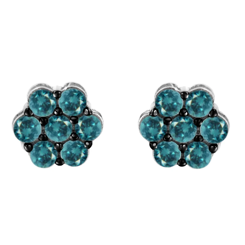 Sterling Silver Treated Blue Diamond Floral Stud Earrings