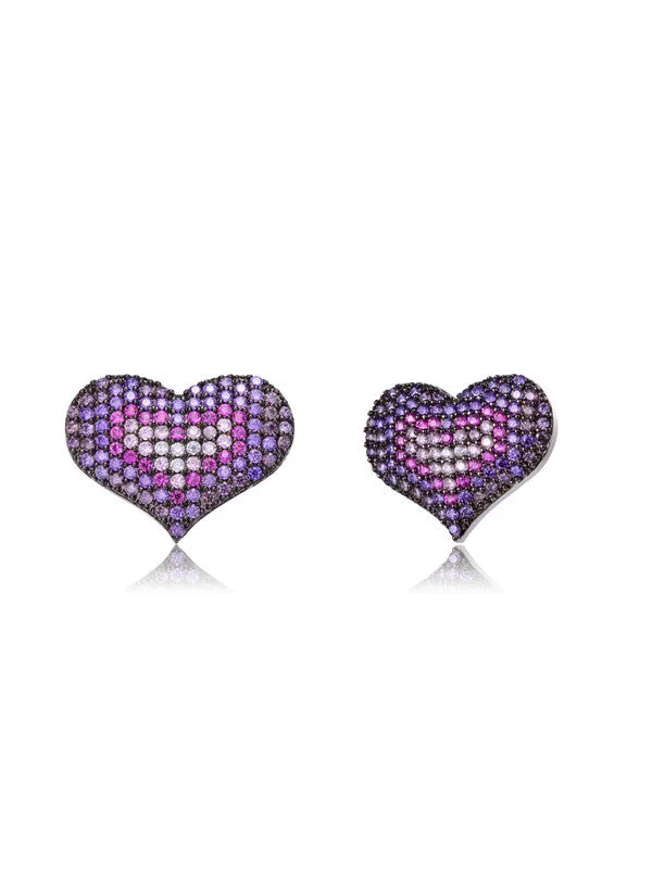 Sterling Silver Two-Tone with Multi Colored Cubic Zirconia Heart Stud Earrings