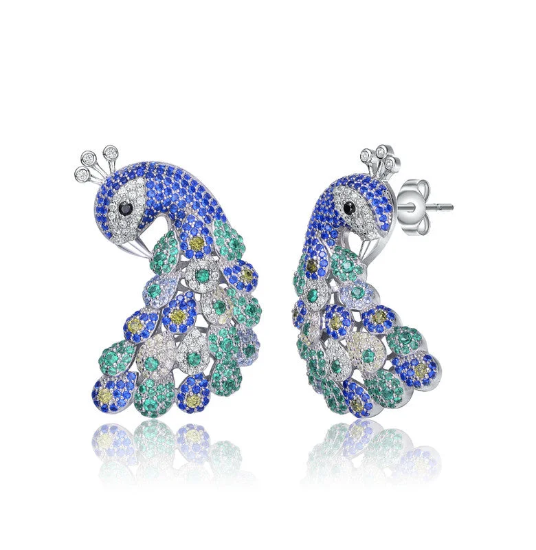 Sterling Silver White Gold Plated with Multi-Colored Cubic Zirconia Peacock Stud Earrings