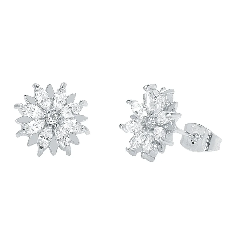 Lily 18k White Gold Plated Flower Stud Earrings with Simulated Diamond Crystals