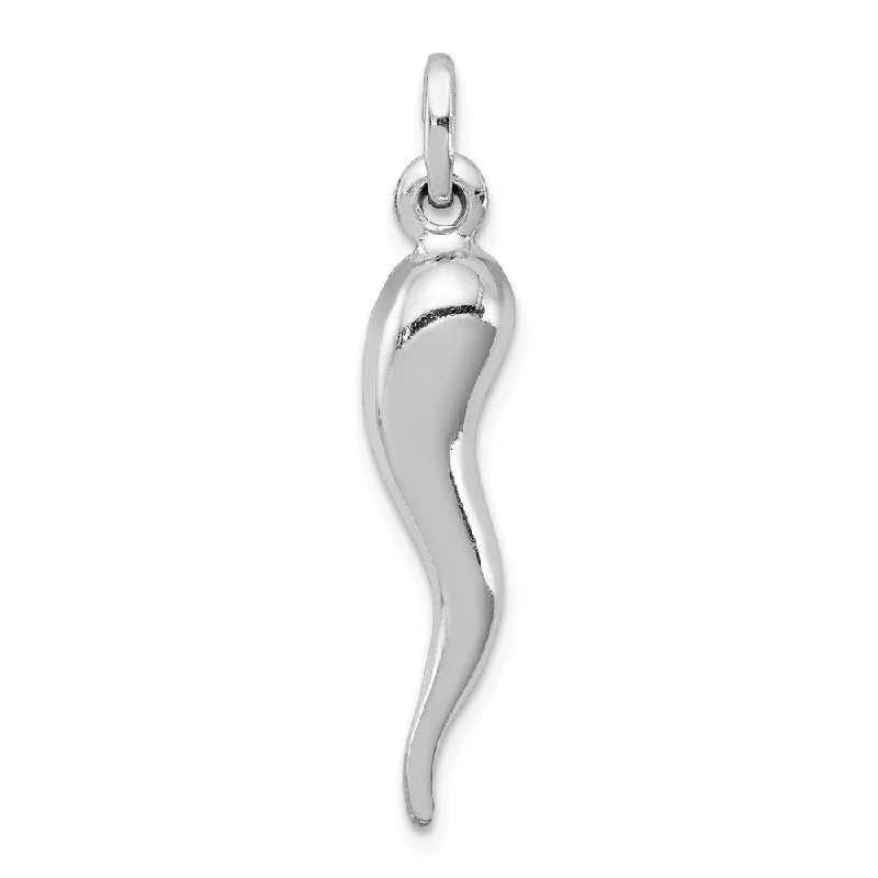 Rhodium Plated Sterling Silver Large 3D Italian Horn Pendant, 7 x 35mm