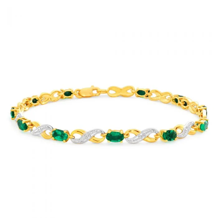 Trendy Minimalist Jewelry For Everyday Wear 9ct Yellow Gold Created Emerald and Diamond 18cm Infinity Bracelet