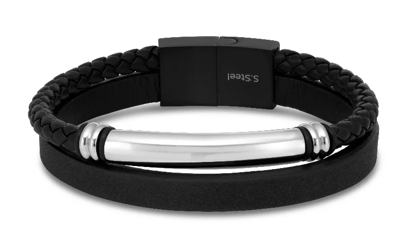 Stunning Jewelry At Even More Stunning Prices Stainless Steel 22cm Gents Leather Magnetic Clasp Bracelet with I.D. Plate