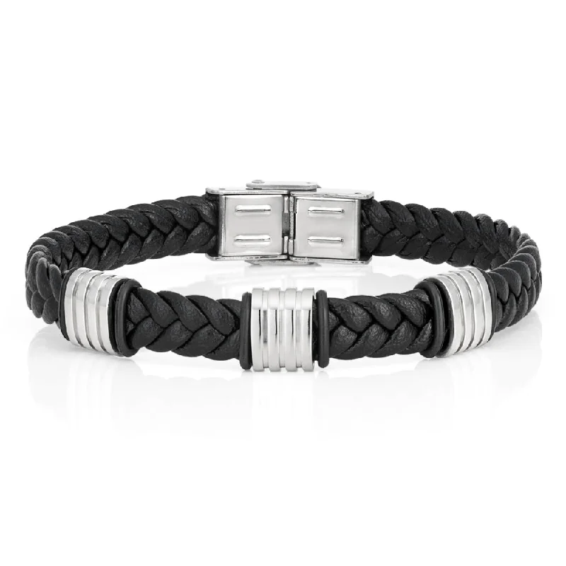 Luxury Jewelry At Unbeatable Discounts Stainless Steel Black Leather Bracelet