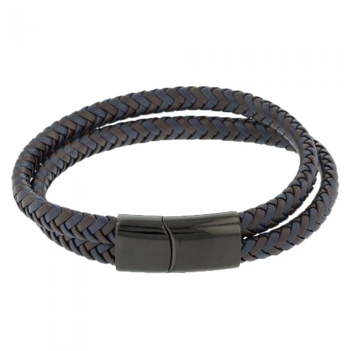 Luxury Jewelry Clearance – Shop Premium Styles Now Stainless Steel Double Wrap Woven Brown and Navy Leather Bracelet