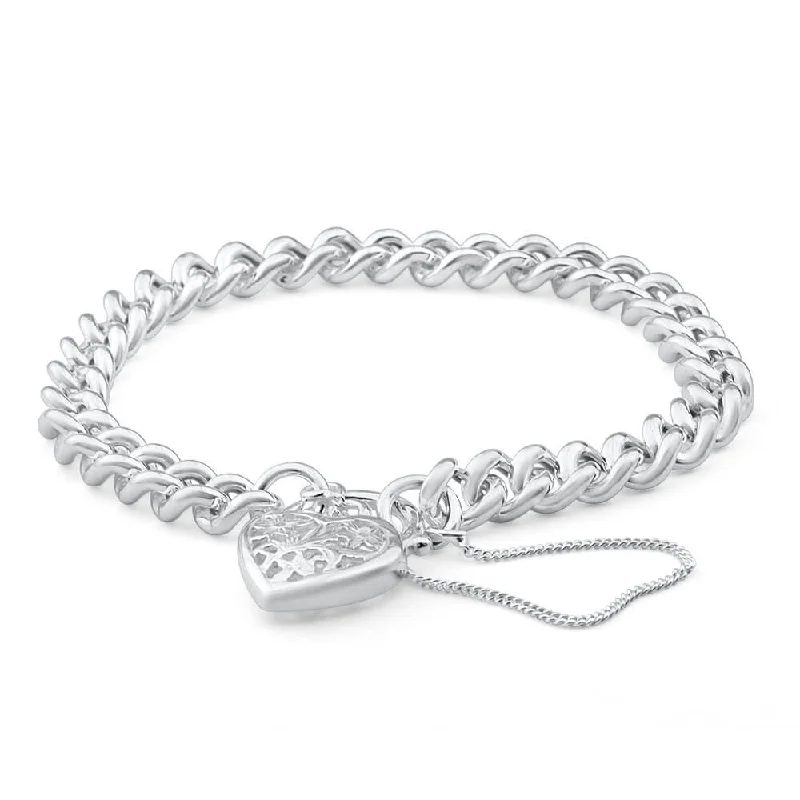 Romantic Heart-Shaped Jewelry For Special Gifts Sterling Silver Curb Filigree Heart Bracelet