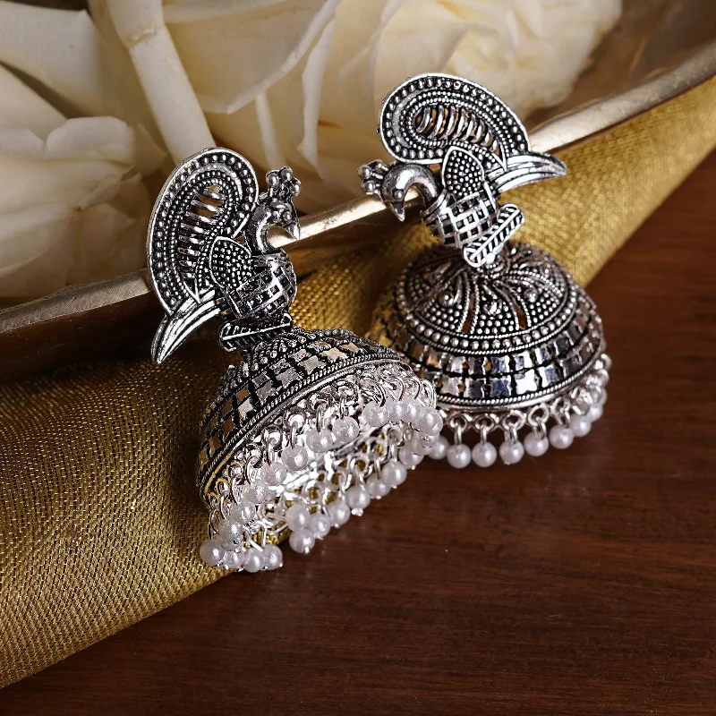 Exclusive Jewelry Sale – Sparkle For Less Teejh Mayuri White Silver Oxidized Pearl Jhumki