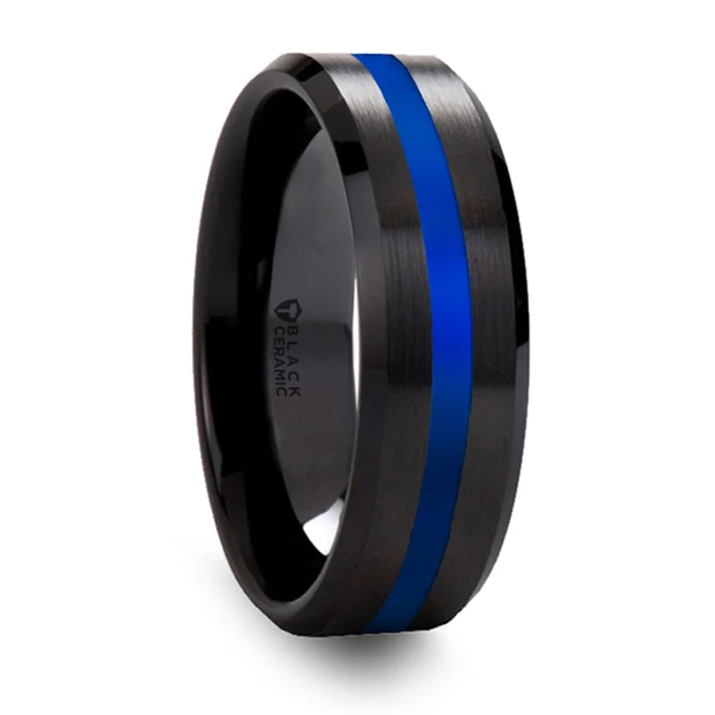 Luxury Jewelry Sale – Elegant Styles At Unbeatable Prices Thorsten Declan Beveled Black Ceramic Brushed Finish Wedding Band w/ Polished Blue Stripe (8mm) W5992-BCBS