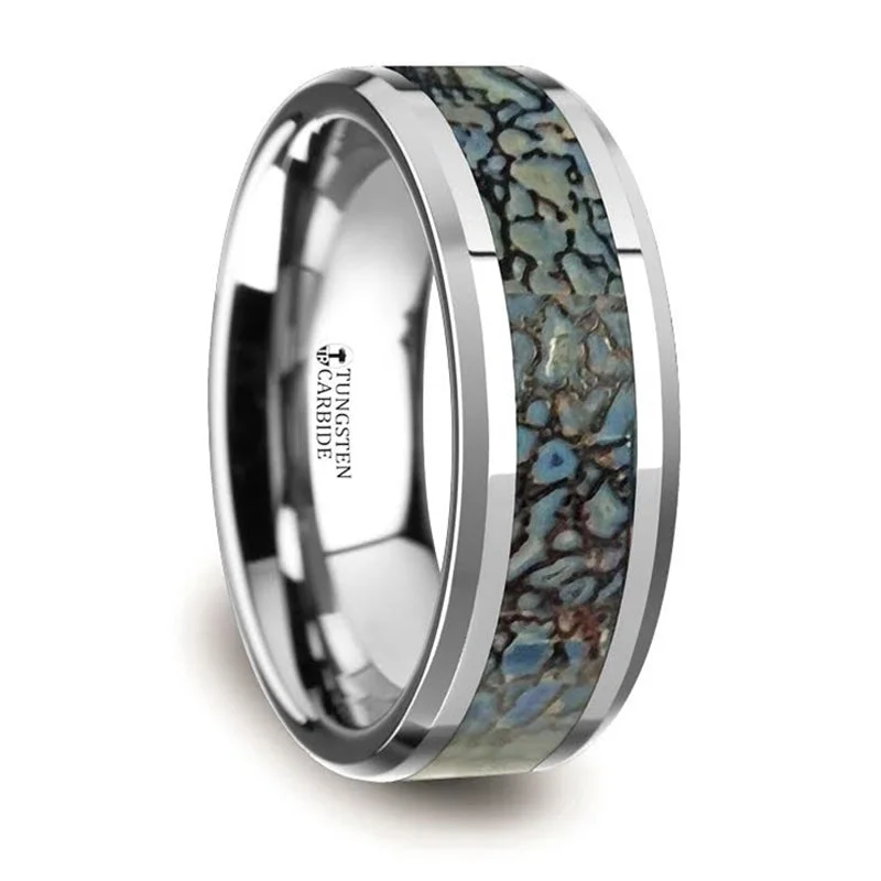 Seasonal Jewelry Sale – Upgrade Your Style Today Thorsten Devonian Blue Dinosaur Bone Inlaid Tungsten Carbide Beveled Edged Ring (8mm) C3810-TCDB