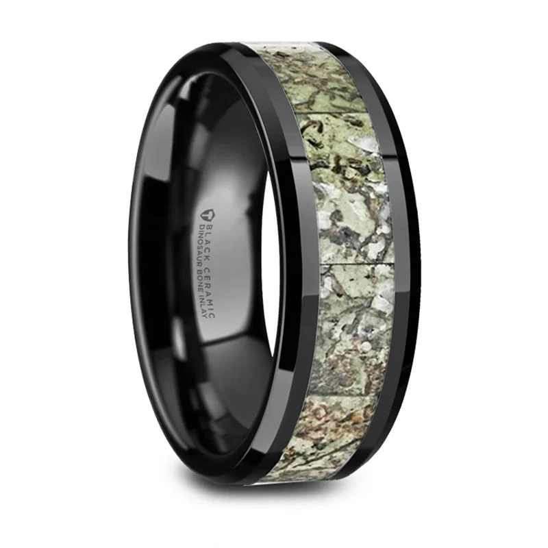 Discounted Luxury Jewelry – Shine Without The Splurge Thorsten Drogon Light Green Dinosaur Bone Inlaid Black Ceramic Wedding Band w/ Polished Beveled Edge (8mm) T6014-BCGD