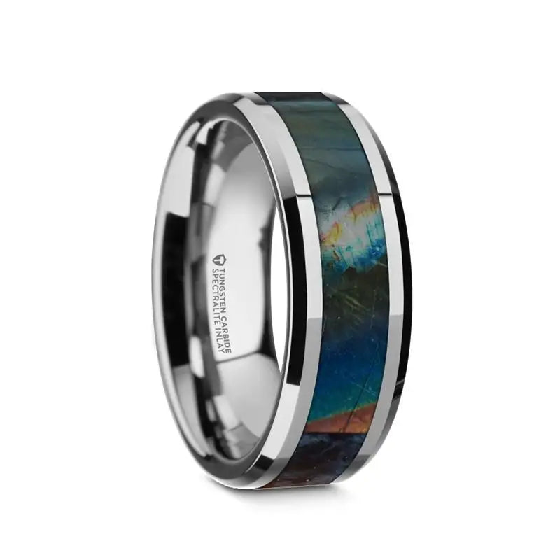 Exclusive Jewelry Sale – Sparkle For Less Thorsten Essence Beveled Tungsten Carbide Wedding Band w/ Spectrolite Inlay & Polished Finish (8mm) W1549-TCBD