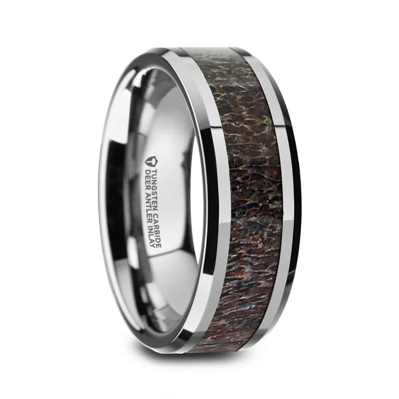 Limited-Time Offer On Elegant Jewelry Pieces Thorsten Fawn Dark Deer Antler Inlay Tungsten Carbide Beveled Edged Ring (8mm) W1535-TCBD