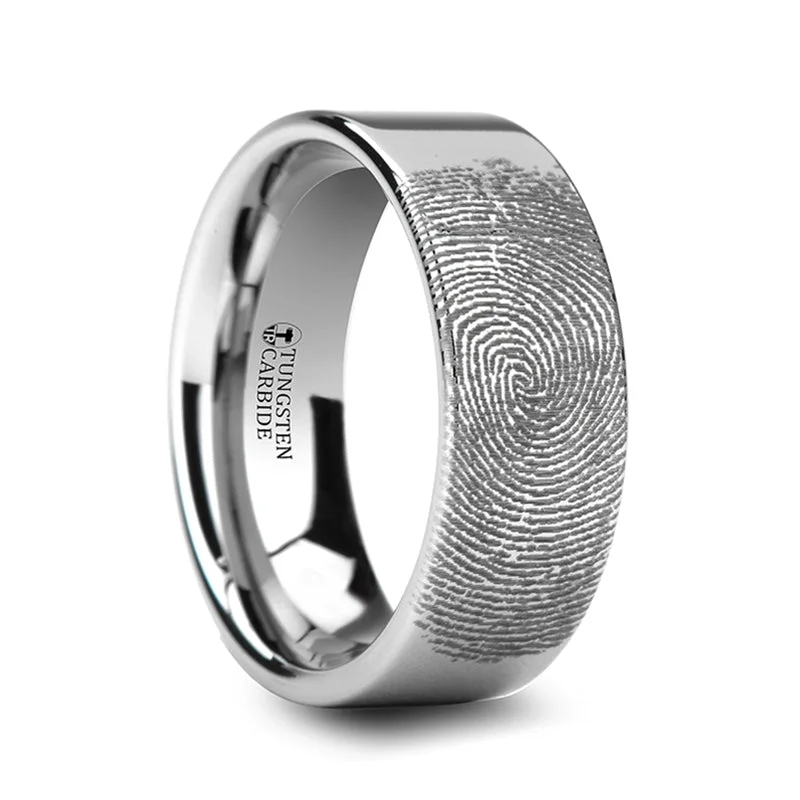 Flash Sale On Exquisite Jewelry – Don't Miss Out Thorsten Spartan Fingerprint Engraved Flat Pipe Cut Tungsten Ring Polished (4-8mm) F861-FBBT