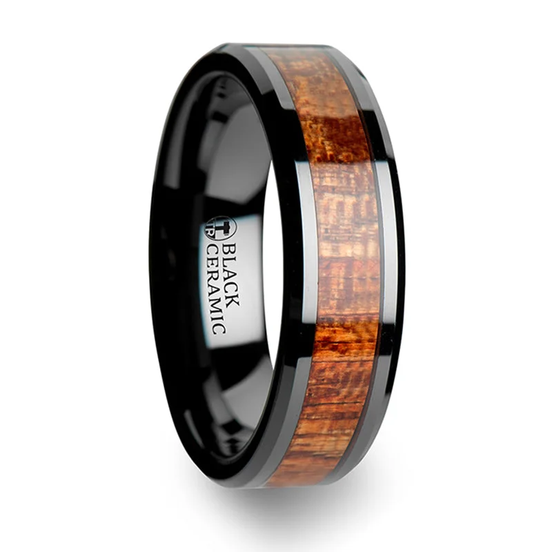 Flash Sale On Stunning Jewelry – Don't Miss Out Thorsten Gabon Black Ceramic Band w/ Polished Bevels & Exotic Mahogany Hard Wood Inlay (6-10mm) C1959-MHWI