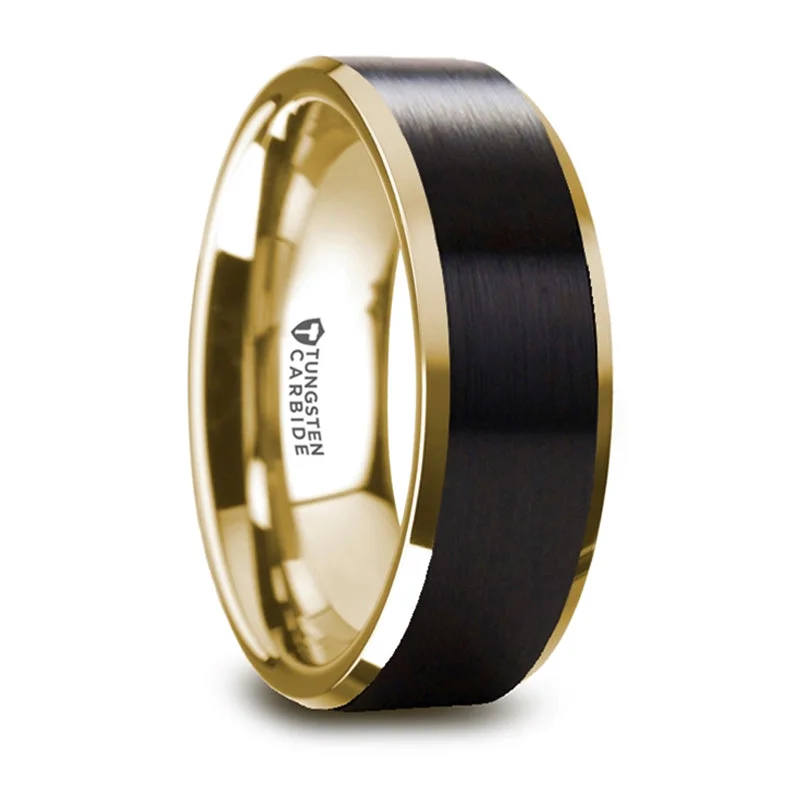 Exclusive Jewelry Offers – Shine For Less Thorsten Gaston Gold Plated Tungsten Polished Beveled Ring w/ Brushed Black Center (8mm) W5969-GPBT