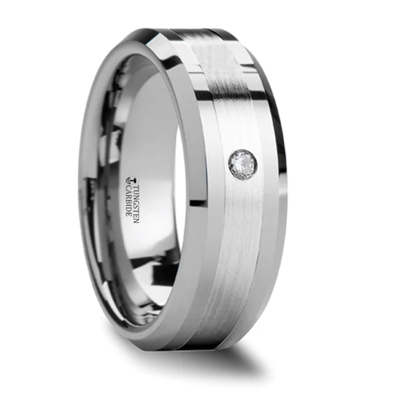 Handcrafted Jewelry Sale – Unique Designs At Low Prices Thorsten Gautier Beveled Tungsten Ring w/ Palladium Inlay & Diamond (8mm) W550-PDD1