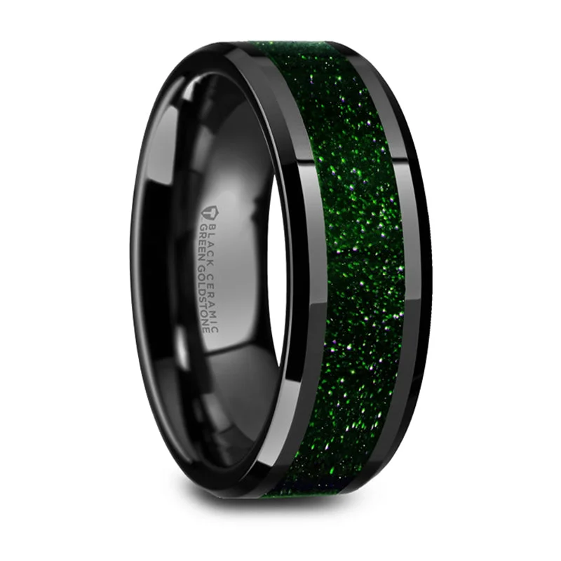 Bestselling Jewelry At Special Promotional Rates Thorsten Giovanni Polished Finish Black Ceramic Beveled Wedding Band w/ Green Goldstone Inlay (8mm) W5989-BCGGS