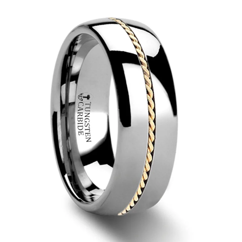 Affordable Luxury Jewelry For Every Occasion Thorsten Goldwyn Domed Tungsten Carbide Ring w/ Braided 14K Yellow Gold Inlay (6-8mm) W367-D8KB