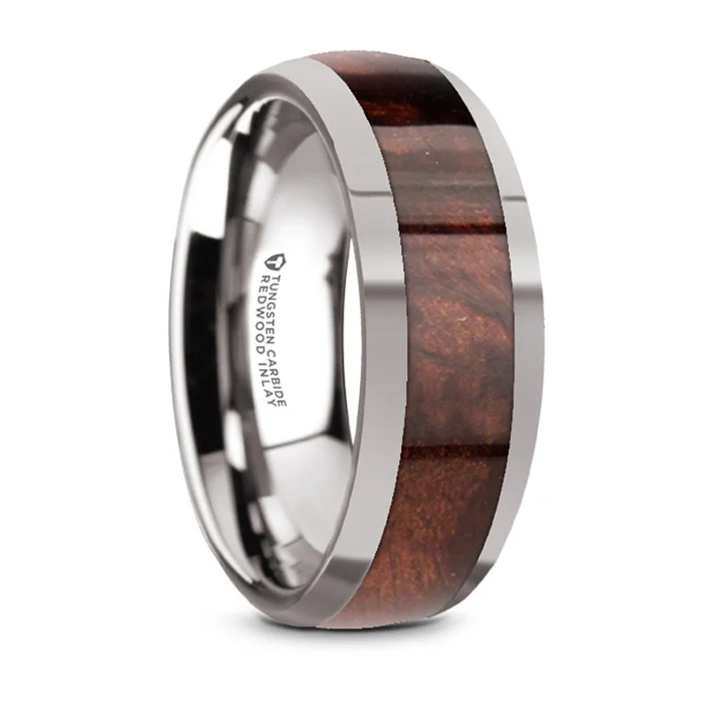 Discounted Jewelry For A Glamorous Look Thorsten Grove Tungsten Polished Edges Domed Wedding Ring w/ Redwood Inlay (8mm) W5975-TCRW