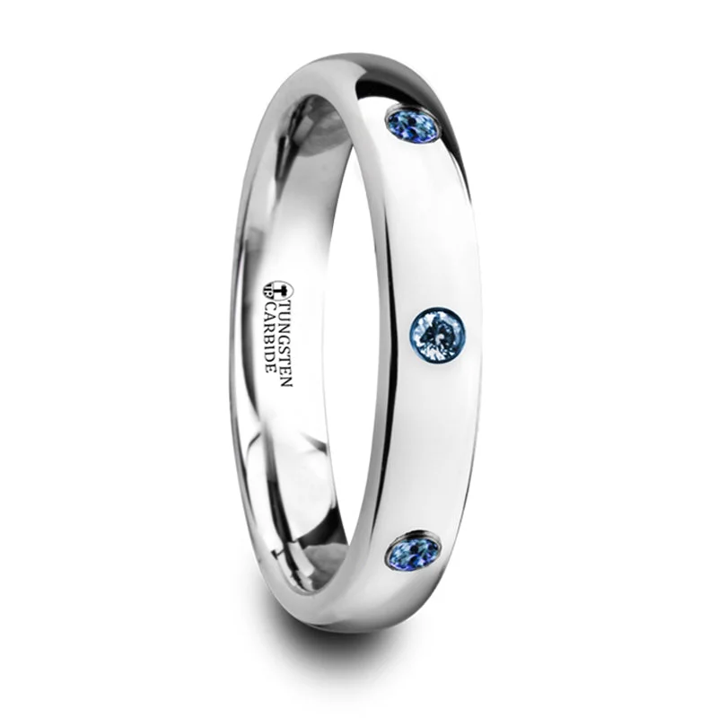 Fashion-Forward Jewelry At Incredible Prices Thorsten Halia Polished & Domed Tungsten Carbide Wedding Ring w/ 3 Blue Sapphires Setting (4mm) W4282-DPBS