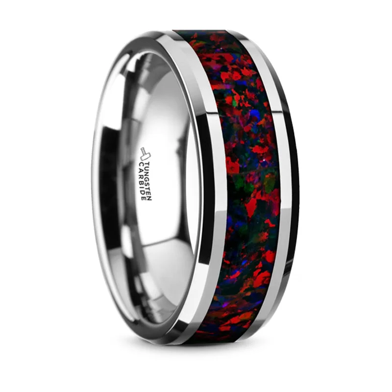 Exclusive Jewelry Sale – Shine For Less Thorsten Halley Tungsten Carbide Black Opal Inlay Wedding Band w/ Beveled Edges (8mm) TC5949-DBO