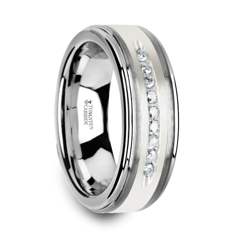 Limited-Time Offer On Elegant Jewelry Pieces Thorsten Harper Tungsten Wedding Band w/ Raised Center & Brushed Silver Inlay & 9 White Diamonds (8mm) W3924-TCSD