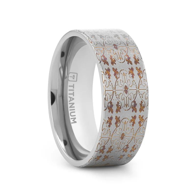 Seasonal Jewelry Deals – Elevate Your Style Thorsten Haven Titanium Flat Profile Wedding Band w/ Engraved Cross Pattern (8mm) H0623-SPTI