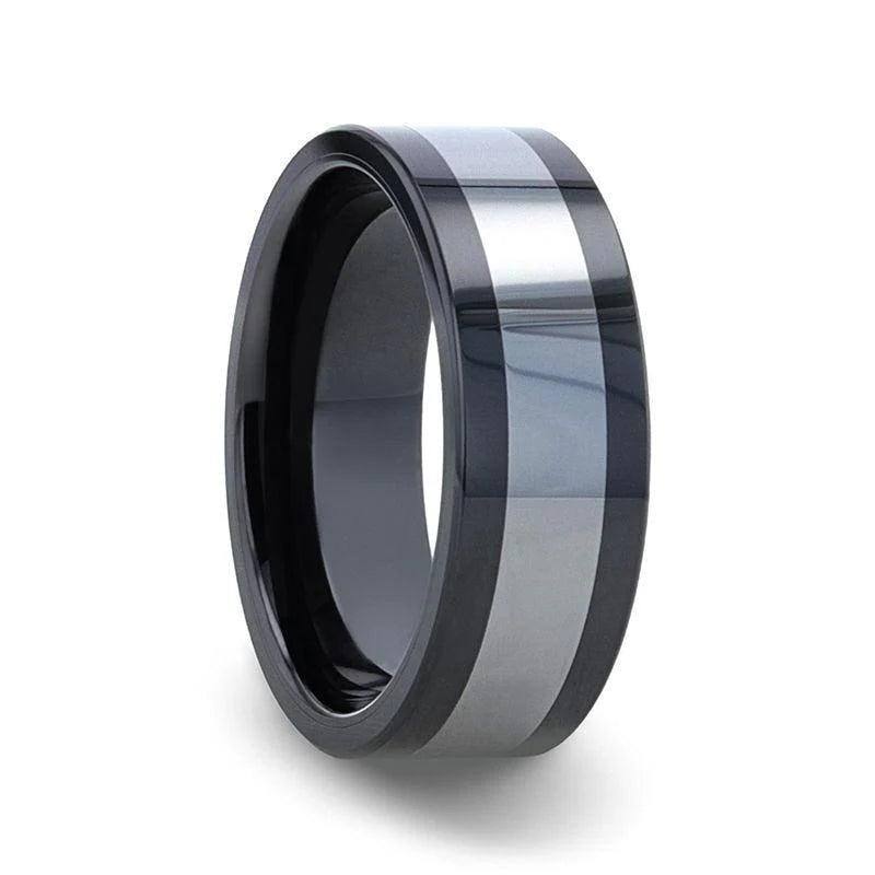 Grab Your Favorite Jewelry At The Lowest Prices Thorsten Huskey Ceramic Wedding Band w/ Tungsten Inlay & Flat Polished Edges (8mm) W8995-SCIP