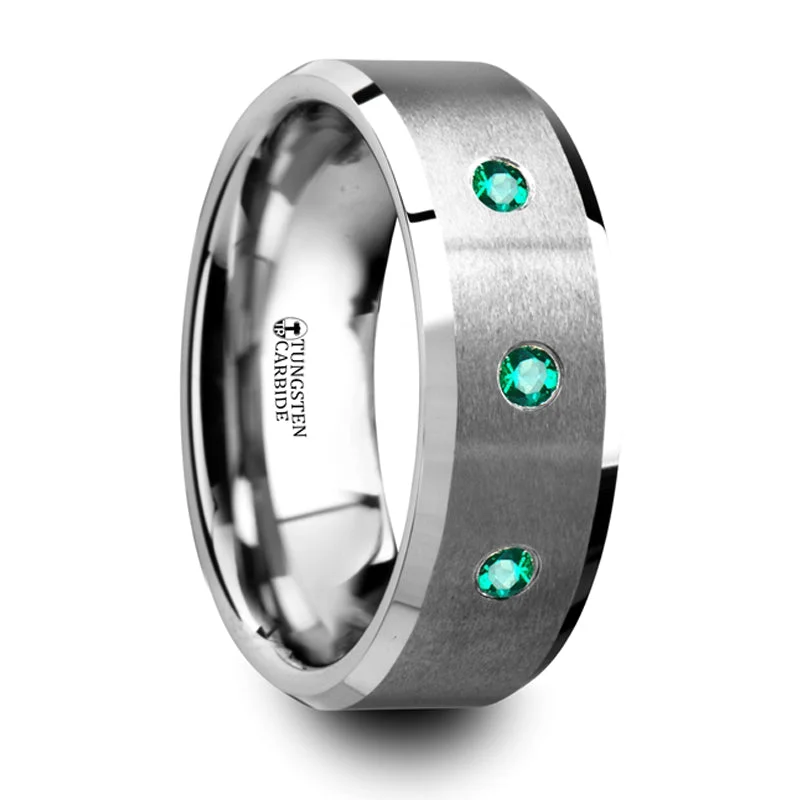 Trending Jewelry Styles Now At Limited-Time Discounts Thorsten Icarus Brushed Tungsten Men’s Wedding Ring w/ Polished Beveled Edges & 3 Emeralds (8mm) T5424-BPBE