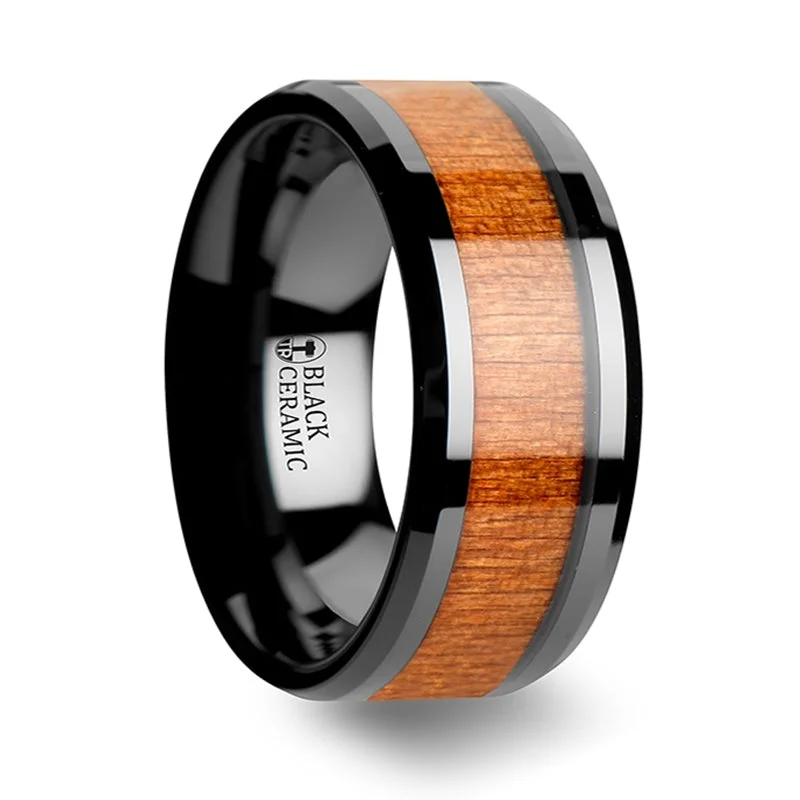 Elegant Jewelry, Exclusive Prices – Shop Now Thorsten Iowa Black Ceramic Wedding Ring w/ Polished Bevels & Black Cherry Wood Inlay (6-10mm) C1965-CRWI