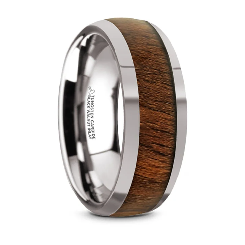 Fashion-Forward Jewelry At Incredible Prices Thorsten Juglan Tungsten Carbide Polished Finish Domed Wedding Ring w/ Exotic Black Walnut Wood Inlay (8mm) TC5950-DBW