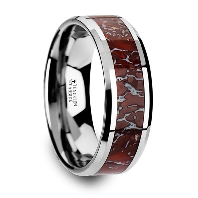 Shop Stylish Jewelry Now And Save Big Thorsten Jurassic Red Dinosaur Bone Inlaid Tungsten Carbide Beveled Edged Ring (8mm) C3756-TCDB