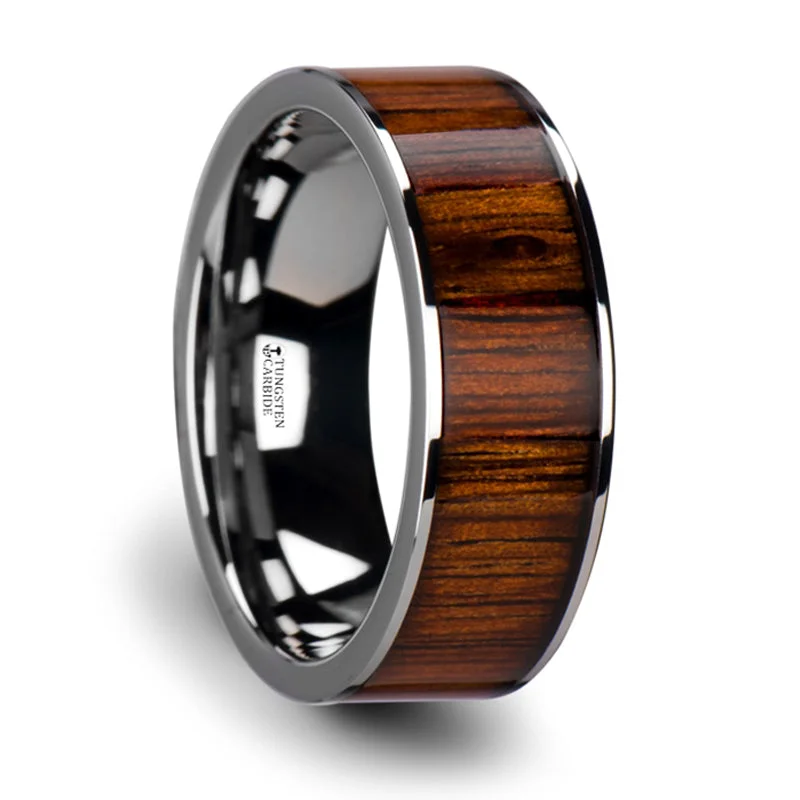 Limited-Stock Jewelry Sale – Once It's Gone, It's Gone Thorsten Kalani Flat Tungsten Carbide Wedding Band w/ Rare Koa Wood Inlay & Polished Edges (6-10mm) W3753-TCKW