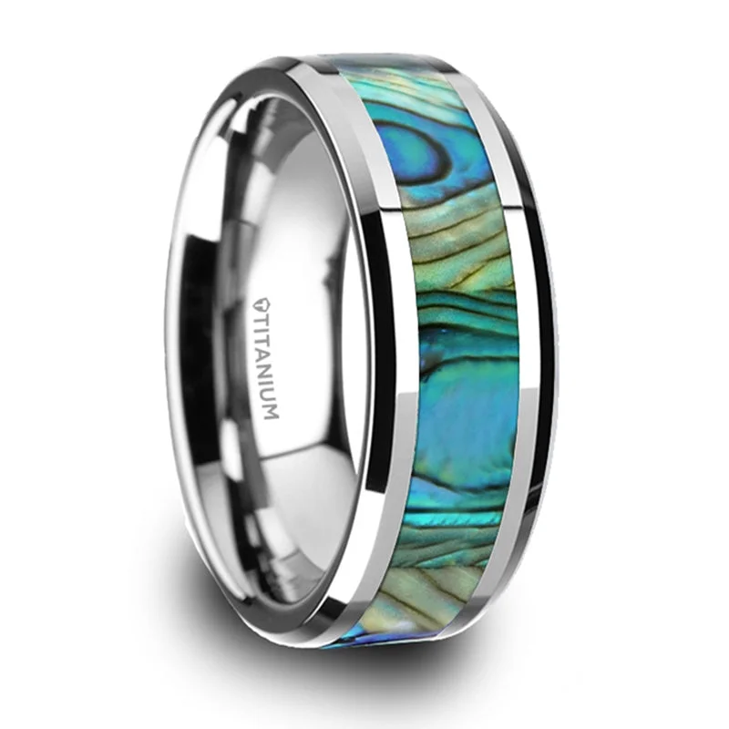 Stunning Jewelry At A Fraction Of The Price Thorsten Kaui Titanium Polished Finish Mother Of Pearl Inlaid Beveled Wedding Band (8mm) T6015-TPMP