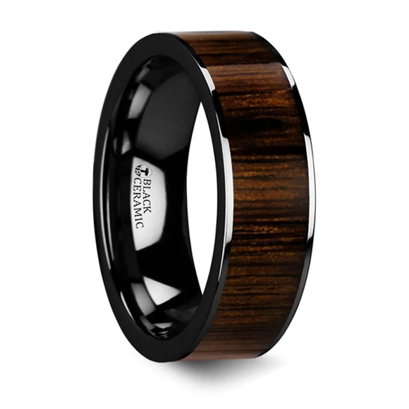 Elegant Jewelry Pieces At Unbelievable Prices Thorsten Kendo Black Ceramic Polished Finish Ring w/ Black Walnut Wood Inlay (8mm) BC5416-BWW