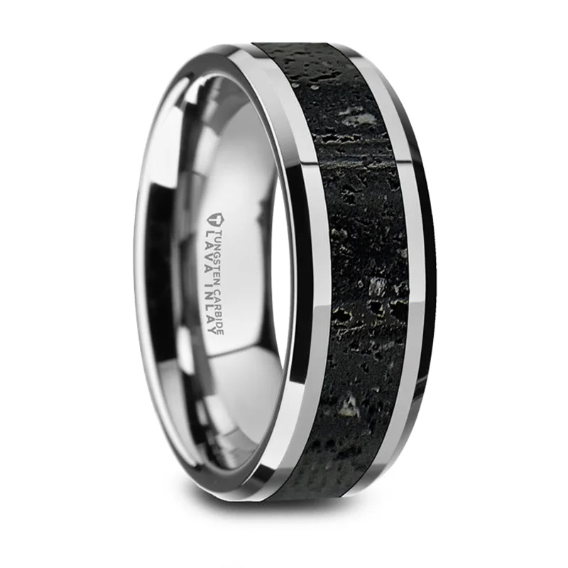 Timeless Jewelry At Special Discount Rates Thorsten Kilauea Polished Tungsten Wedding Band w/ Black & Gray Lava Rock Stone Inlay & Polished Beveled Edges (8mm) W1491-TCLI