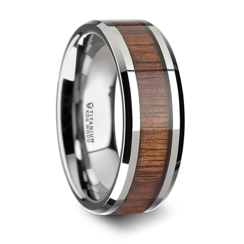 Limited-Time Jewelry Sale – Don't Miss These Deals Thorsten Koan Titanium Polished Finish Koa Wood Inlaid Wedding Ring w/ Beveled Edges (8mm) T6002-TBKW