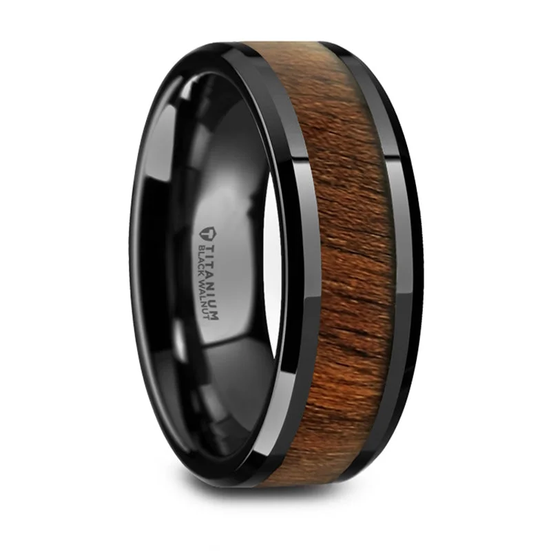 Jewelry Clearance Sale – Final Reductions Thorsten Kony Black Titanium Polished Beveled Edges Black Walnut Wood Inlaid Wedding Ring (8mm) T6000-BTWW