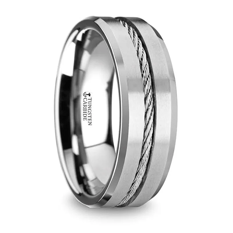 Sparkle More For Less – Jewelry Sale Happening Now Thorsten Lannister Tungsten Flat Wedding Band w/ Steel Wire Cable Inlay & Beveled Edges (8mm) W1403-TCSW