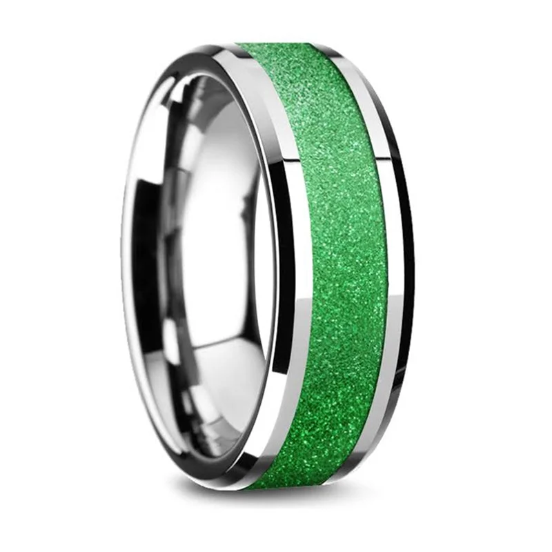 Buy More, Save More – Special Jewelry Discounts Thorsten Lawrence Tungsten Carbide Bevel Edged Ring w/ Sparkling Green Inlay (8mm) W5874-TSGI