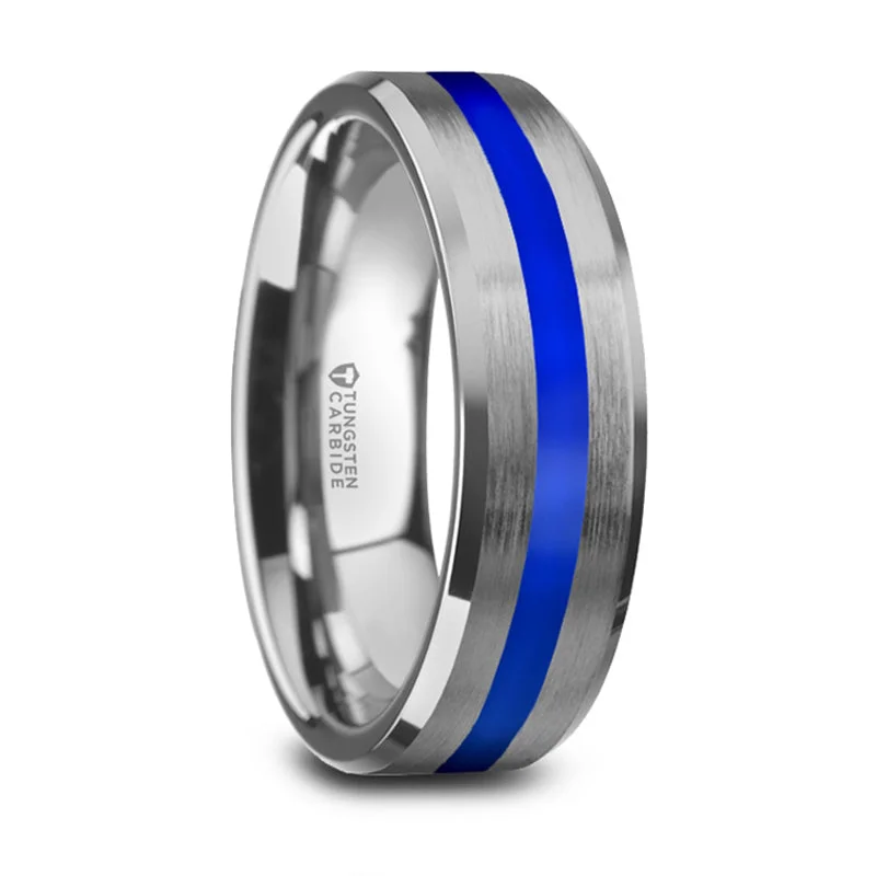 Chic, Trendy, And Affordable Jewelry Sale Thorsten Lawson Beveled Edges White Tungsten Brushed Finish Wedding Ring w/ Blue Stripe (8mm) W5993-WTBS