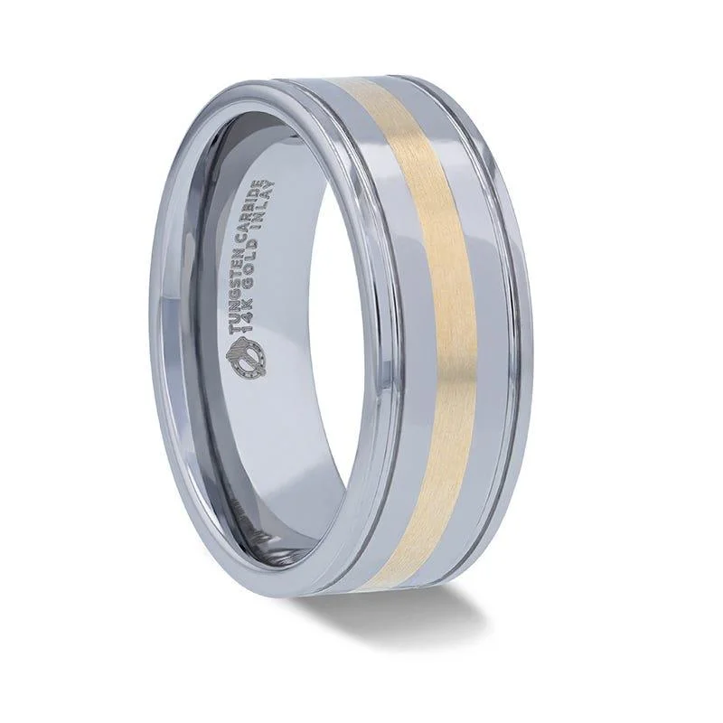 Grab Stylish Jewelry Before The Sale Ends Thorsten Lazio Tungsten Grooved Edge Wedding Band w/ 14K Yellow Gold Inlay (8mm) W1428-GIGE