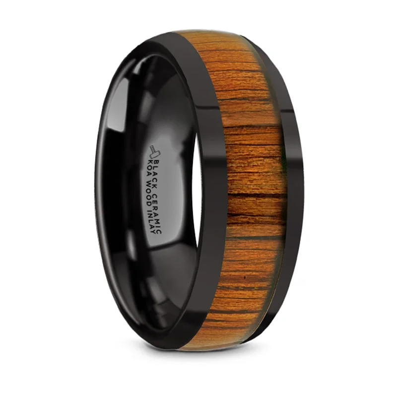 Make Every Moment Shine – Jewelry Discounts Available Thorsten Linden Black Ceramic Polished Finish Domed Wedding Band w/ Koa Wood Inlay (8mm) BC5958-DPKW