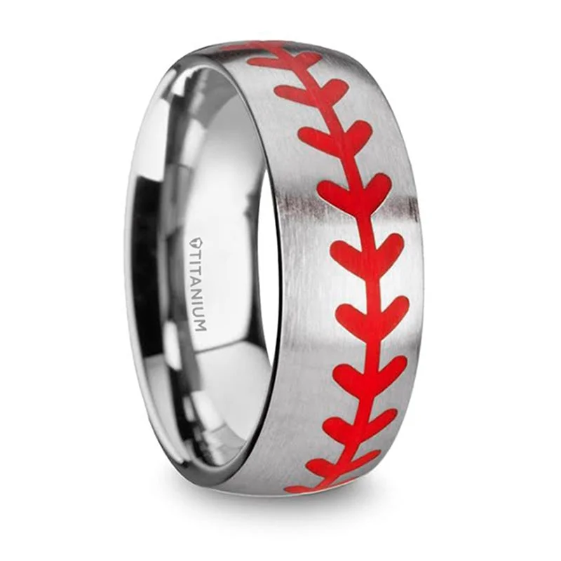 Unmissable Discounts On Timeless Jewelry Pieces Thorsten Dimaggio Titanium Brushed Finish Ring w/ Red Baseball Stitching Pattern (8mm) T5726-TRBB