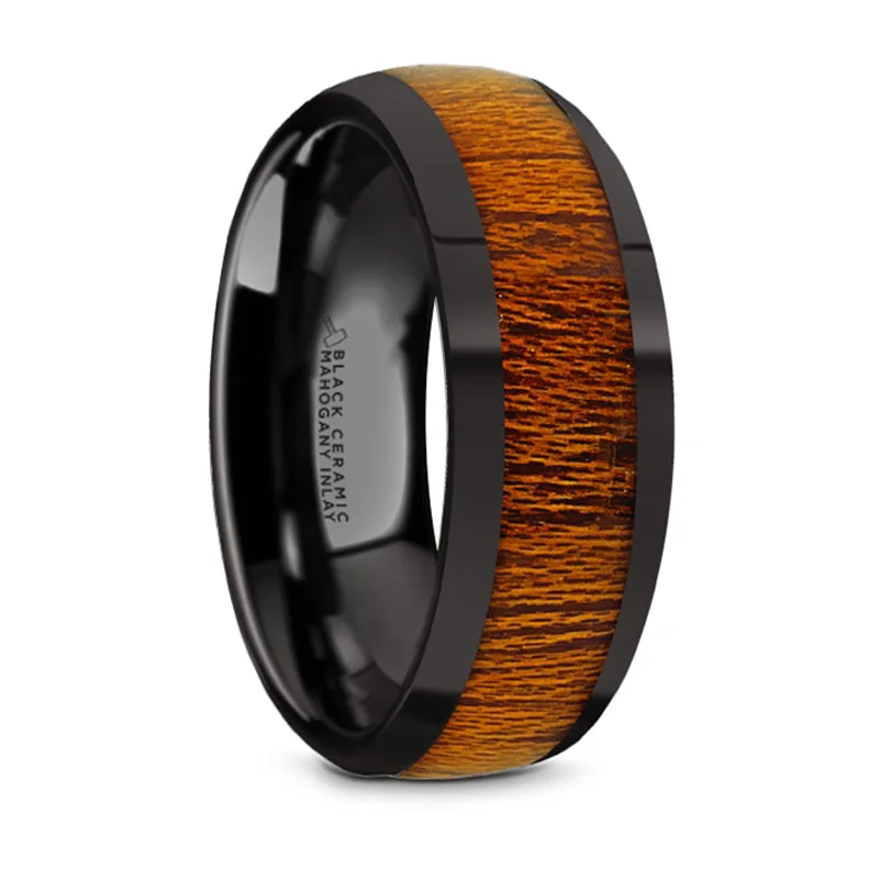 Elegant Jewelry Styles At Budget-Friendly Prices Thorsten Mabini Black Ceramic Mahogany Wood Inlaid Domed Wedding Band w/ Polished Finish (8mm) BC5959-DPMW