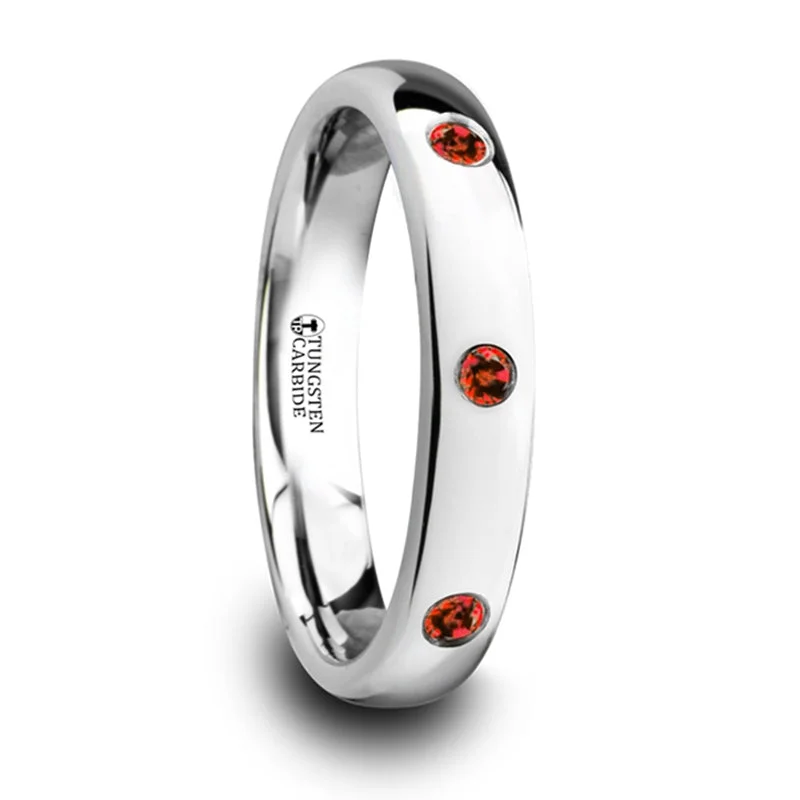 Jewelry Sale Alert – Shop Timeless Elegance Today Thorsten Maera Polished & Domed Tungsten Carbide Wedding Ring w/ 3 Red Rubies (4mm) W4281-DPRR