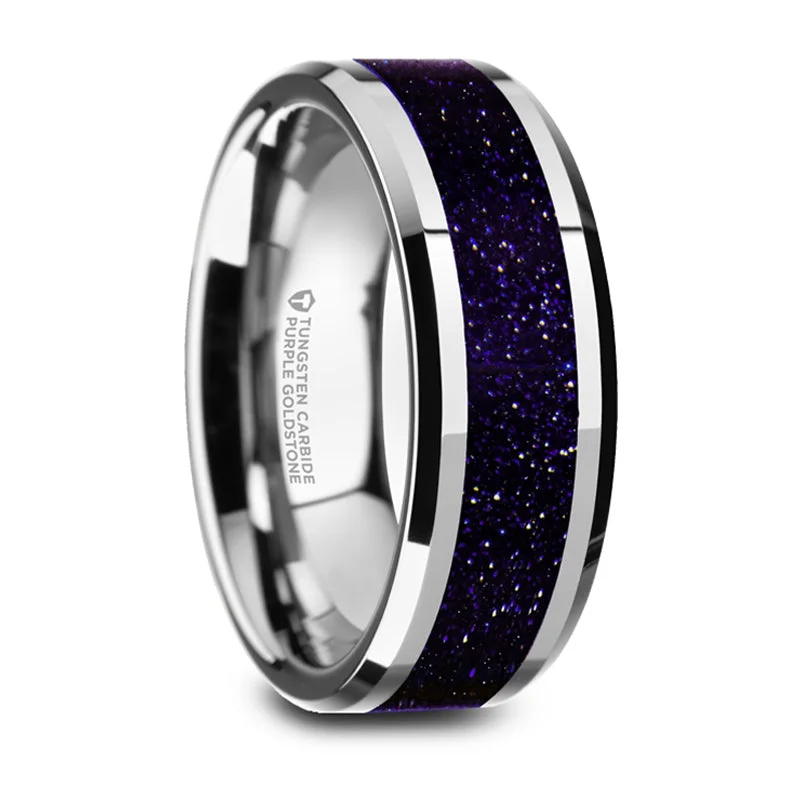 Elegant Jewelry, Affordable Luxury – Shop Now Thorsten Maki Beveled Tungsten Polished Finish Wedding Ring w/ Purple Goldstone Inlay (8mm) W5986-WTPGS